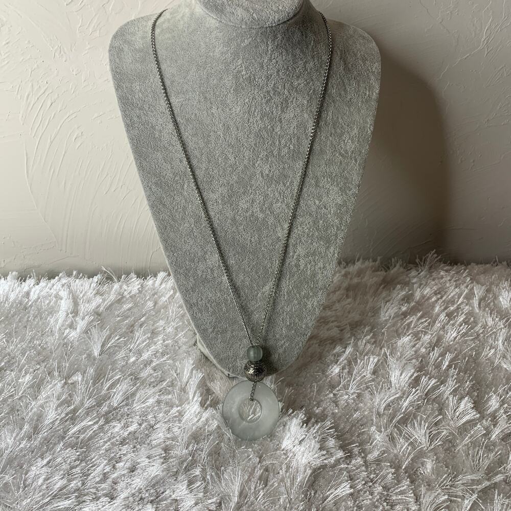 Long Necklace Acrylic Ring Beads Silver Drop 17.5"